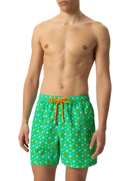 Man light fabric swim shorts with multicolor starfish print