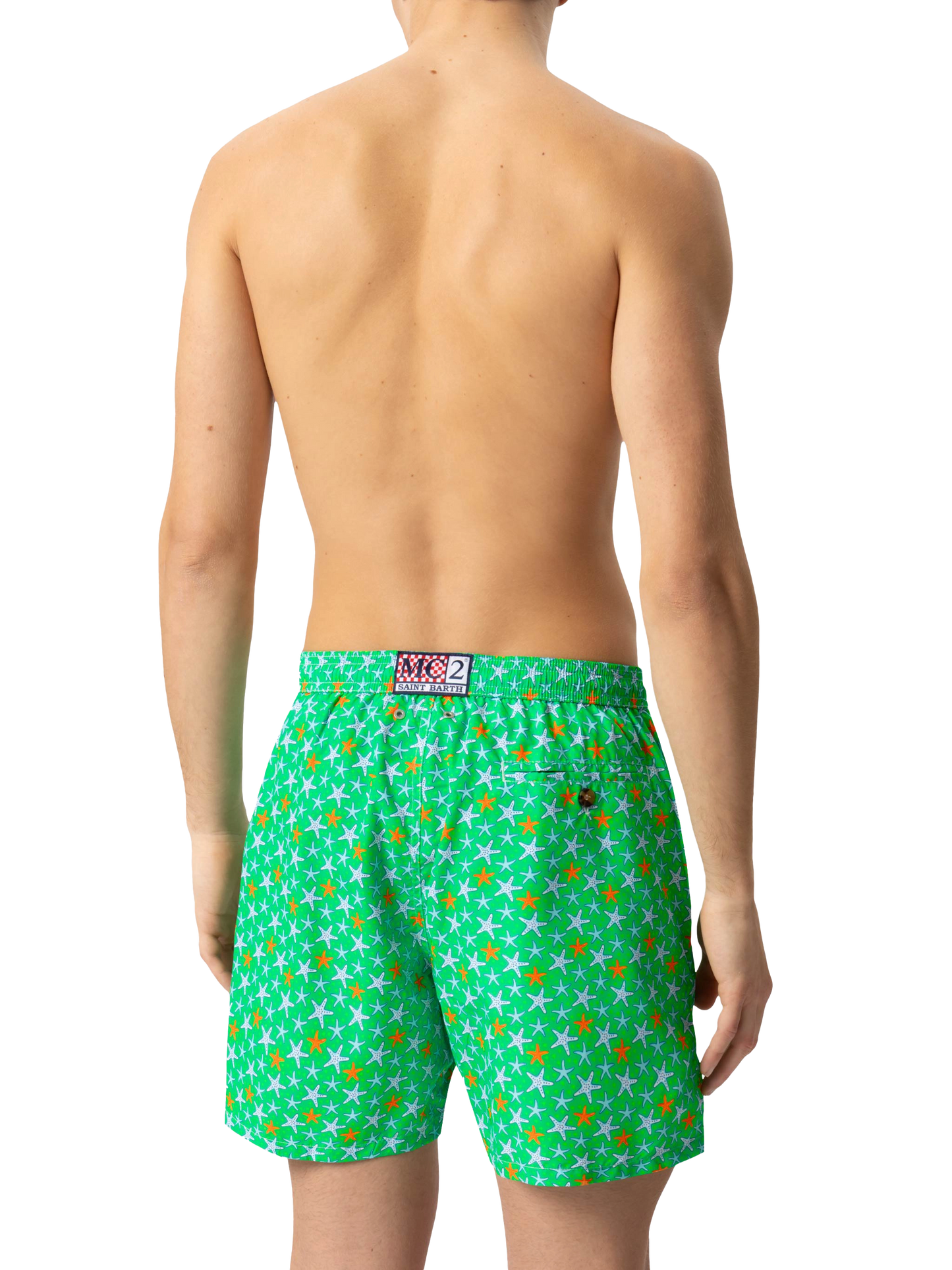 Man light fabric swim shorts with multicolor starfish print