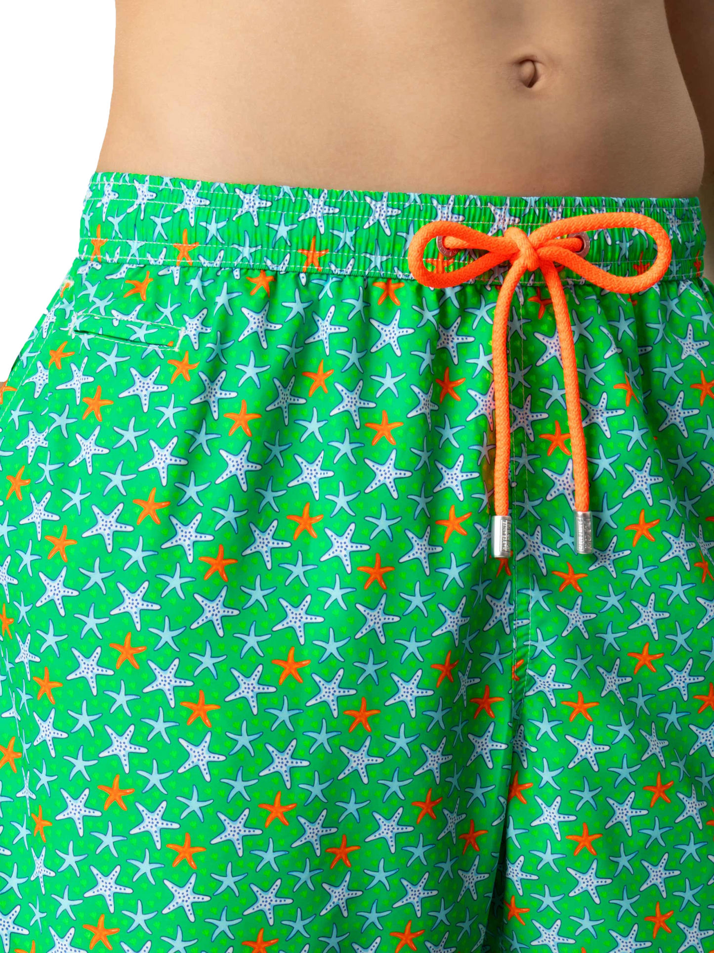 Man light fabric swim shorts with multicolor starfish print