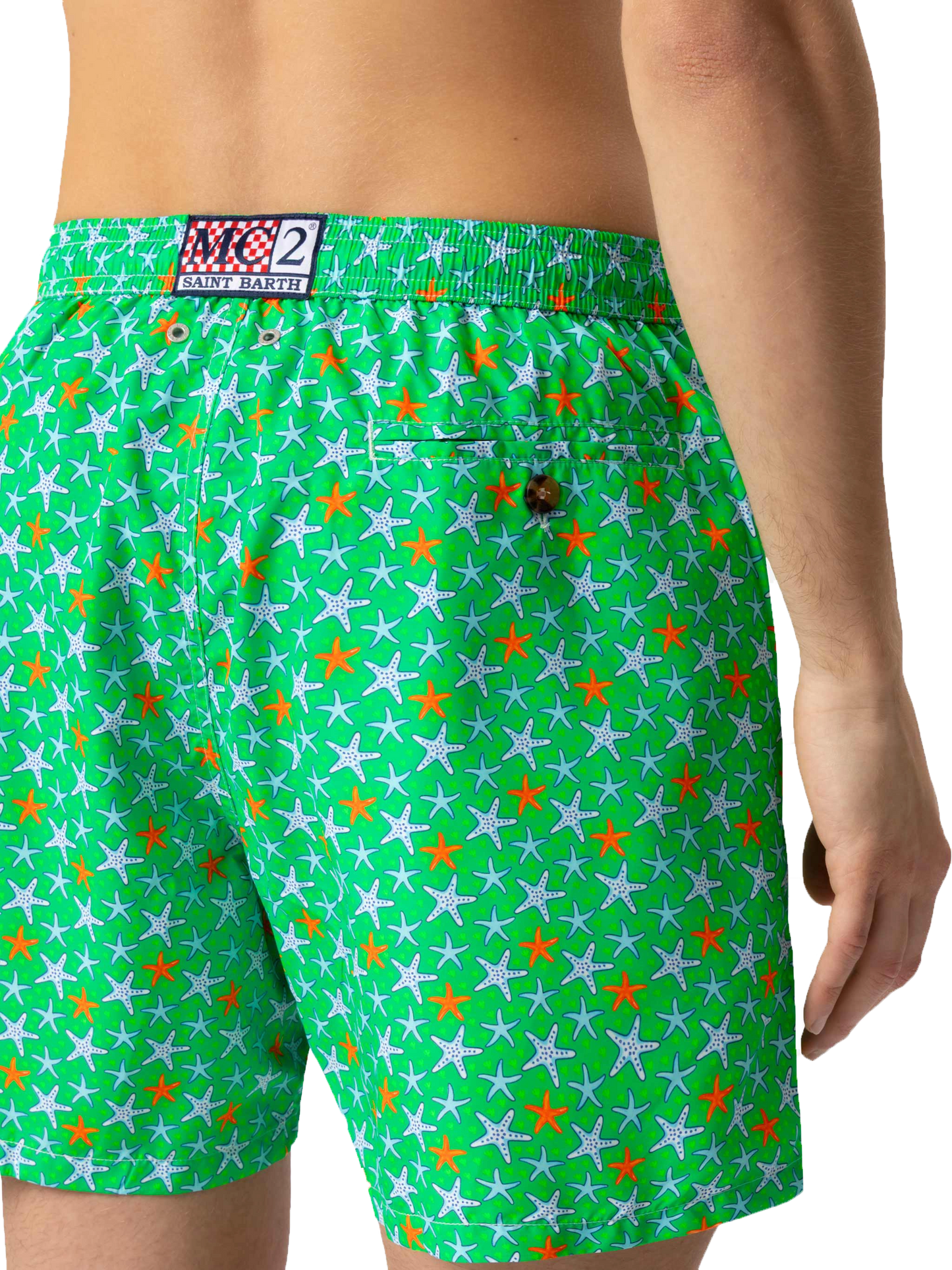 Man light fabric swim shorts with multicolor starfish print