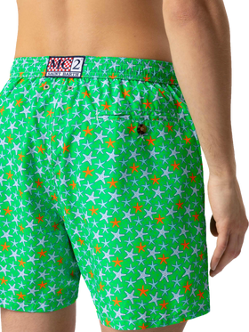 Man light fabric swim shorts with multicolor starfish print
