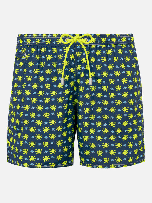 Man light fabric swim shorts with fish and octopus print