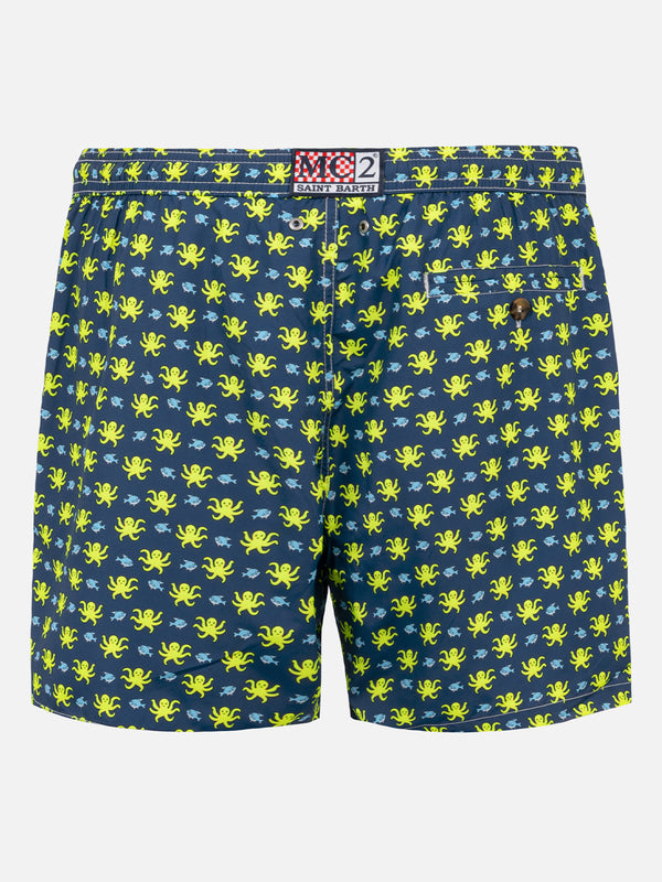 Man light fabric swim shorts with fish and octopus print