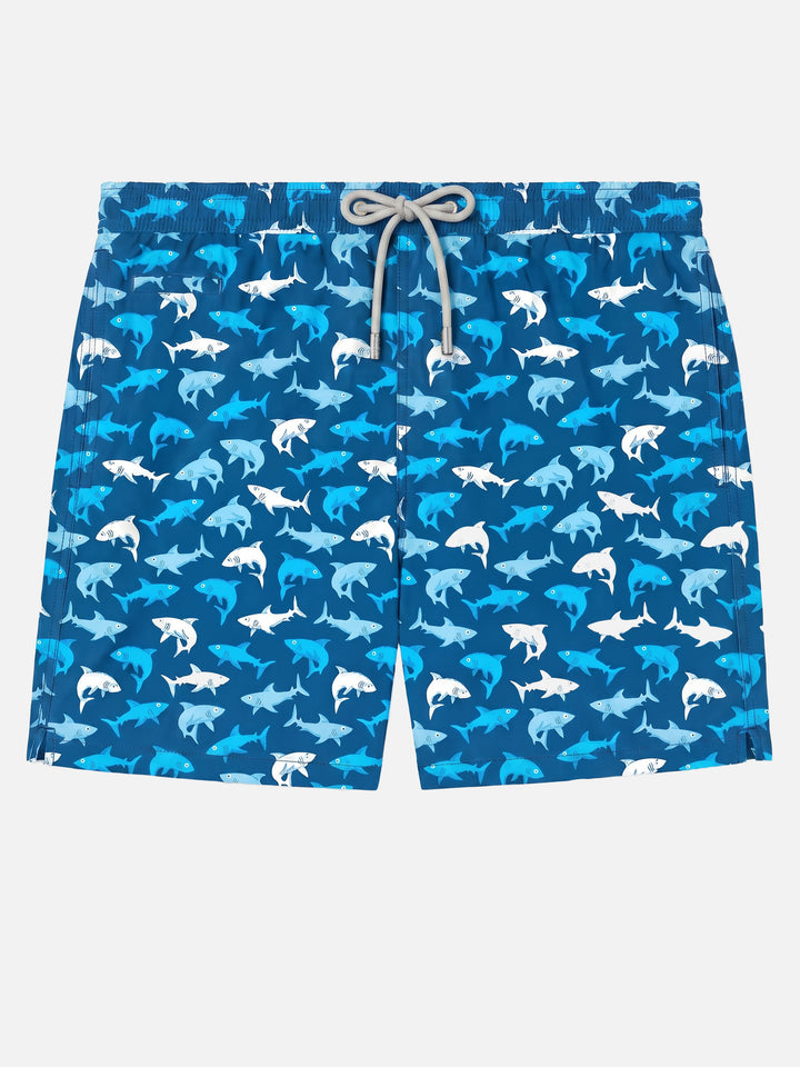 Man light fabric swim shorts with multicolor sharks print
