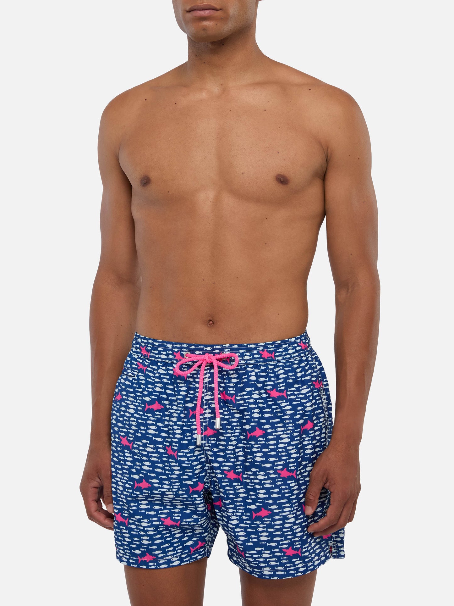 Man light fabric swim shorts with fish and sharks print