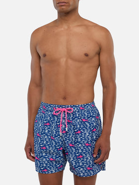Man light fabric swim shorts with fish and sharks print