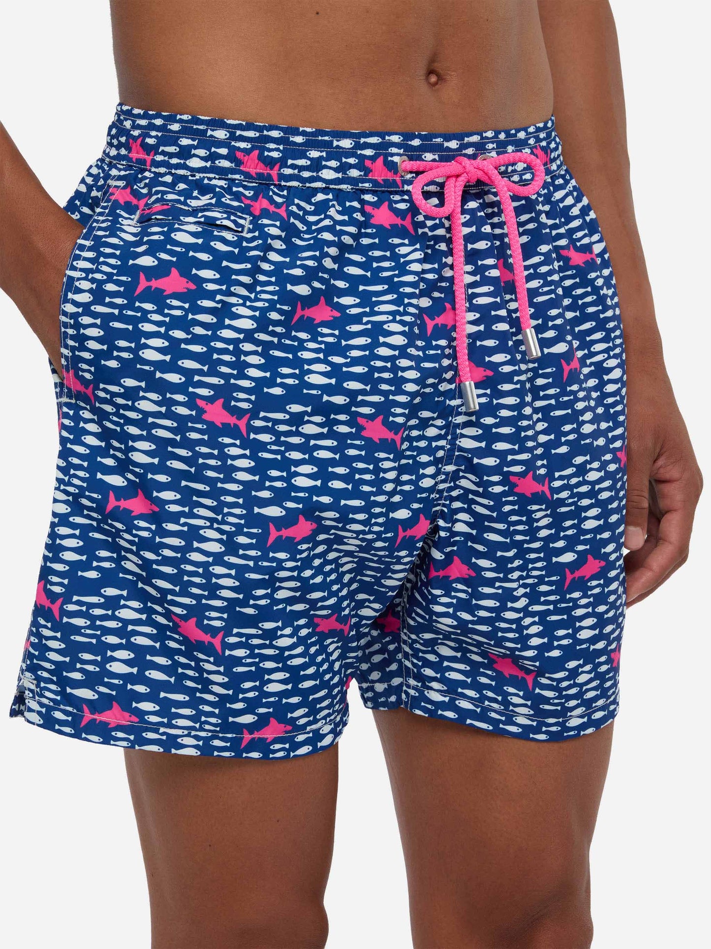 Man light fabric swim shorts with fish and sharks print