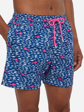 Man light fabric swim shorts with fish and sharks print