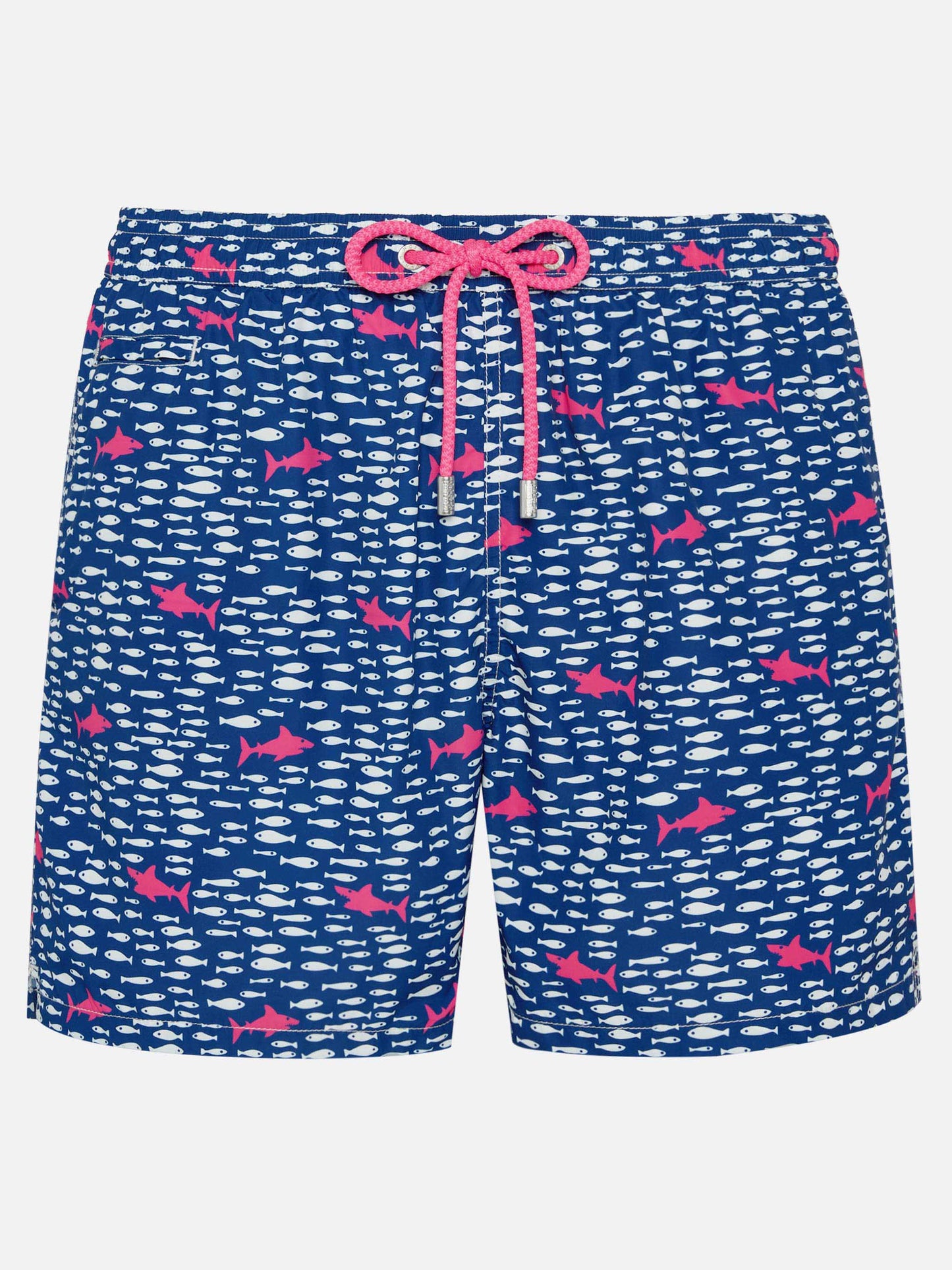 Man light fabric swim shorts with fish and sharks print