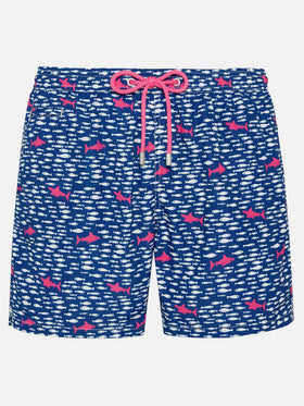 Man light fabric swim shorts with fish and sharks print