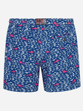 Man light fabric swim shorts with fish and sharks print