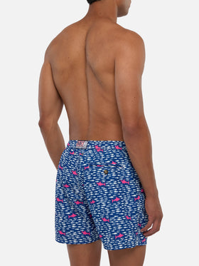 Man light fabric swim shorts with fish and sharks print