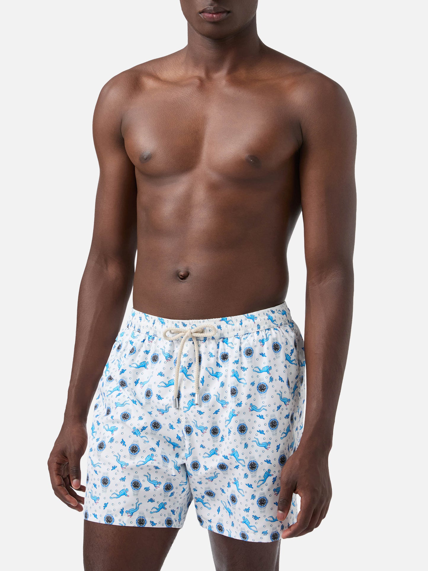 White Lighting Micro swim shorts with scuba watches and divers all-over print