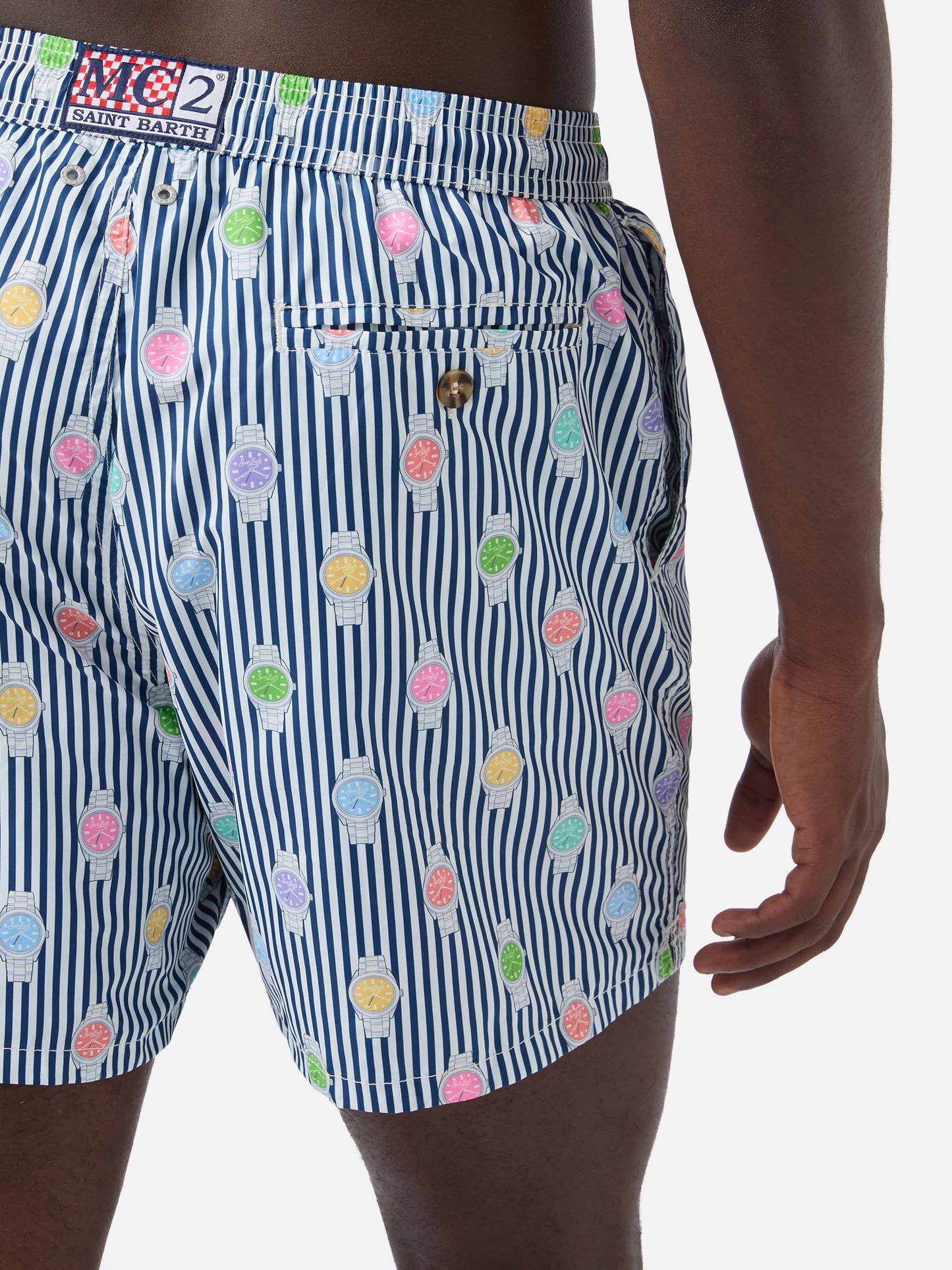 Costume mare Lighting Micro navy a righe con stampa orologi all-over