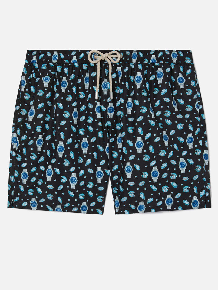 Black Lighting Micro swim shorts with oysters and watches all-over print