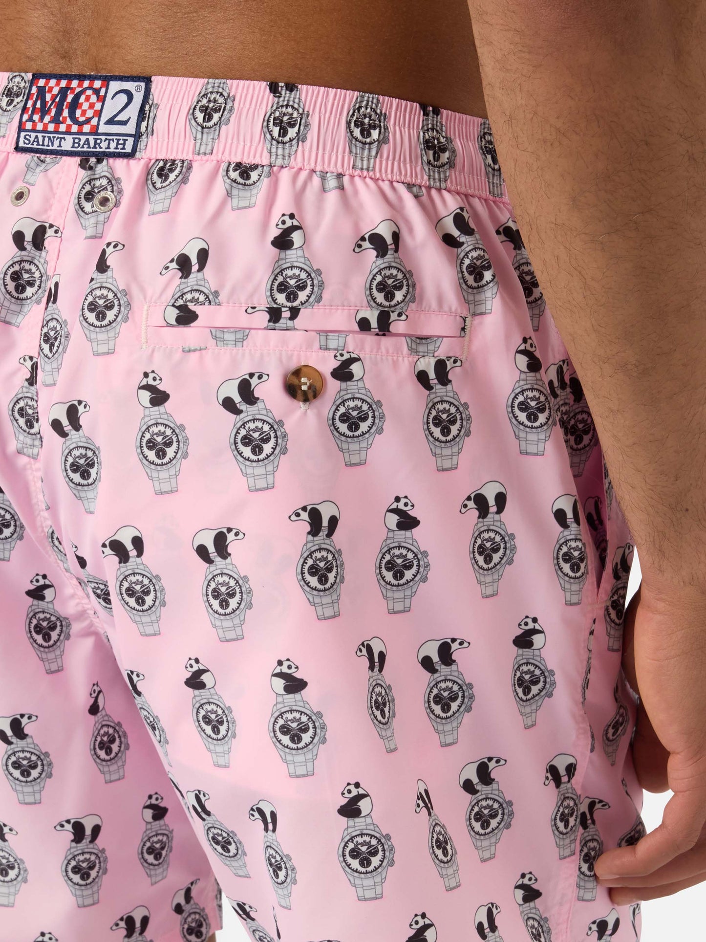 Pink Lighting Micro swim shorts with panda and watches all-over print