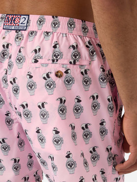 Pink Lighting Micro swim shorts with panda and watches all-over print