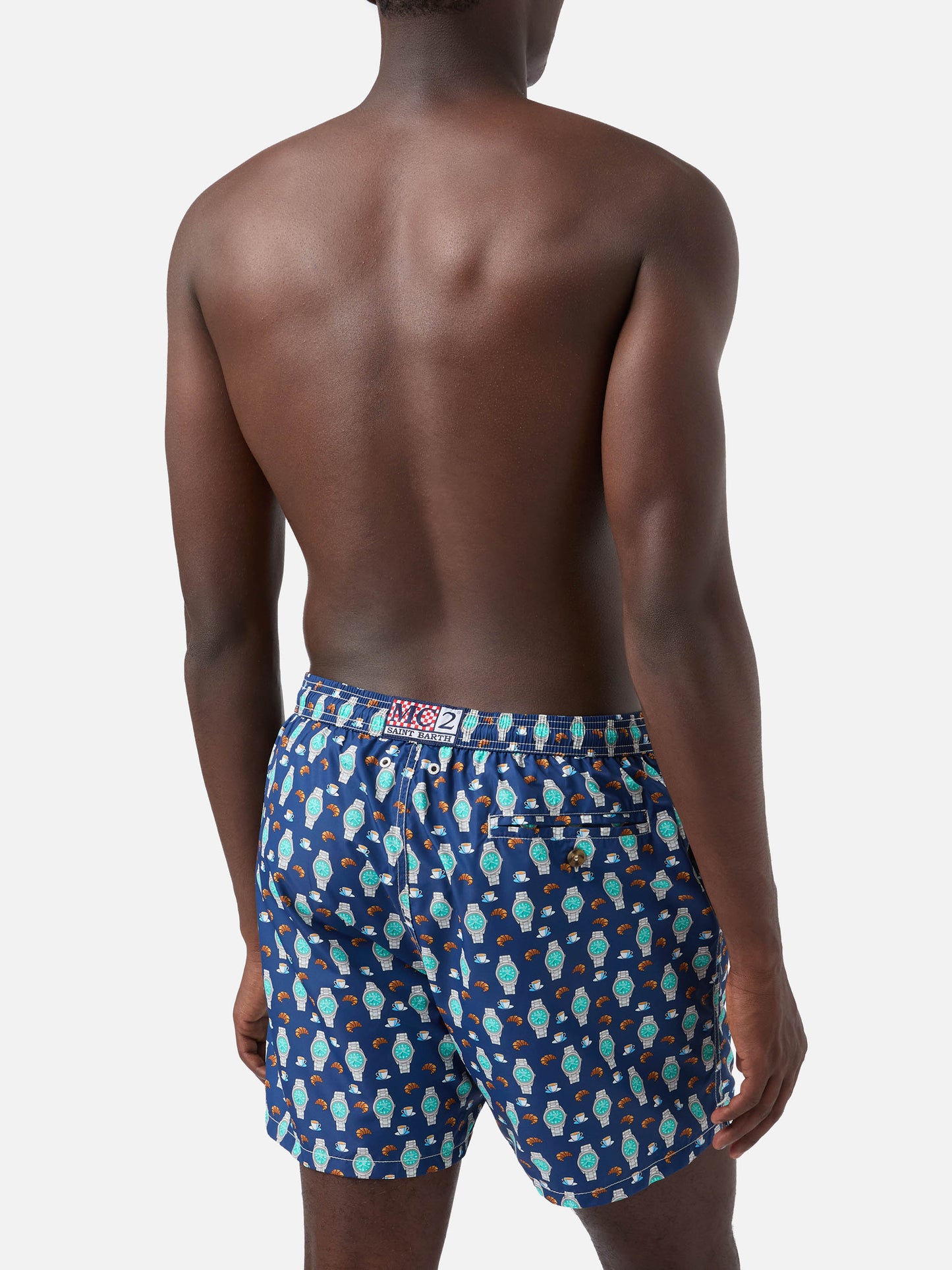 Navy Lighting Micro swim shorts with breakfast watch print