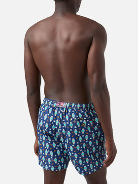 Navy Lighting Micro swim shorts with breakfast watch print