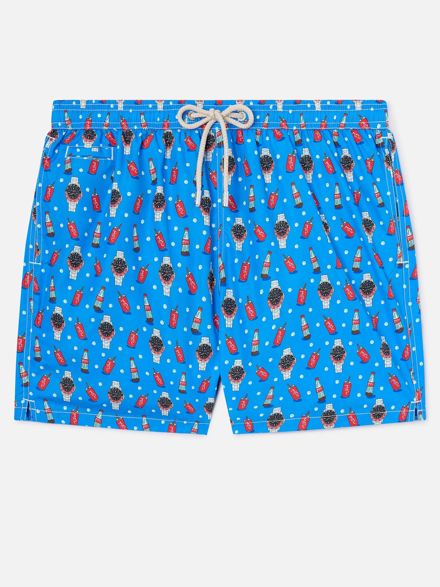 Blaue Lighting Micro-Badeshorts mit Watch Red Cola-Print 