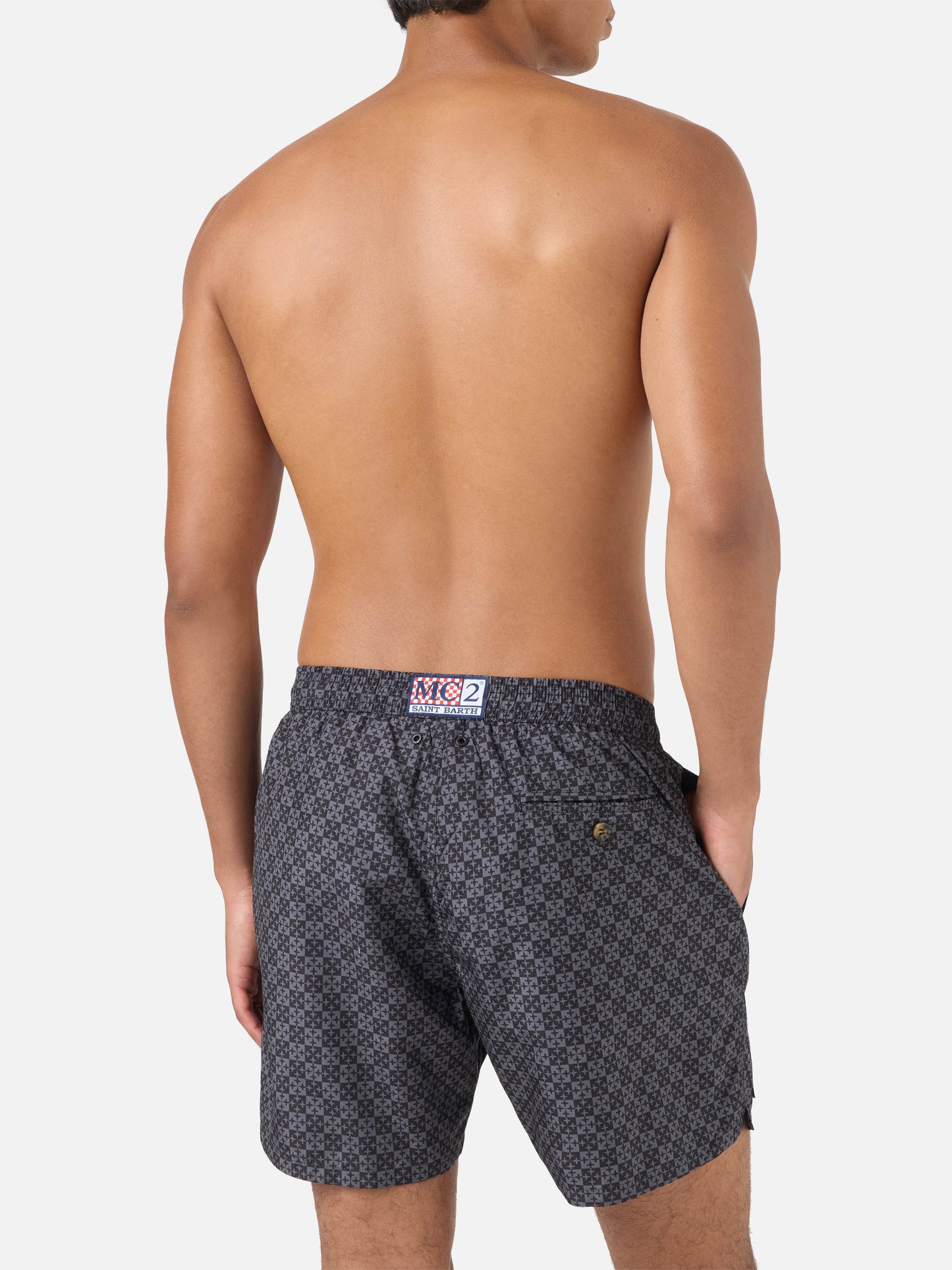 Schwarze Lighting Micro-Badeshorts mit Pisa SC Croce-Print | PS SC SPECIAL EDITION 