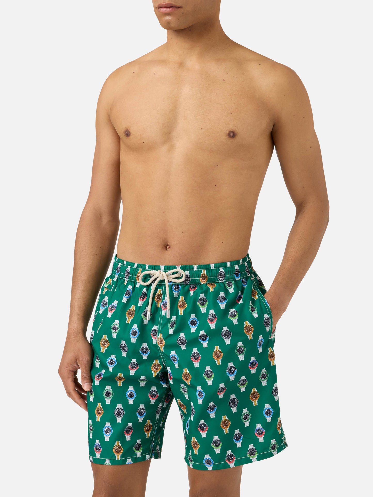 Lighting Micro swim shorts with all-over watch print