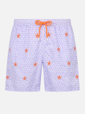 Man lightweight fabric swim-shorts Lighting with seastars embroidery