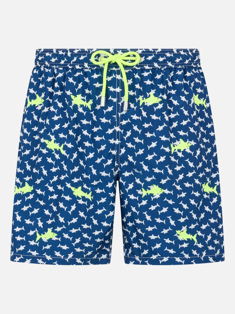 Man lightweight fabric swim-shorts Lighting with sharks embroidery