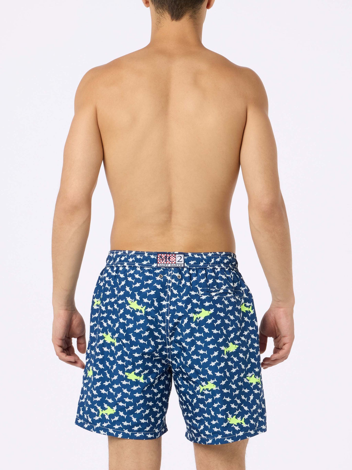 Costume da bagno da uomo in tessuto leggero con ricamo squali