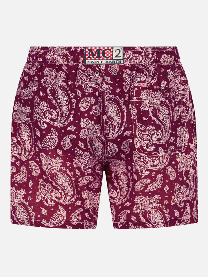 Costume da bagno da uomo in tessuto leggero con stampa paisley bordeaux
