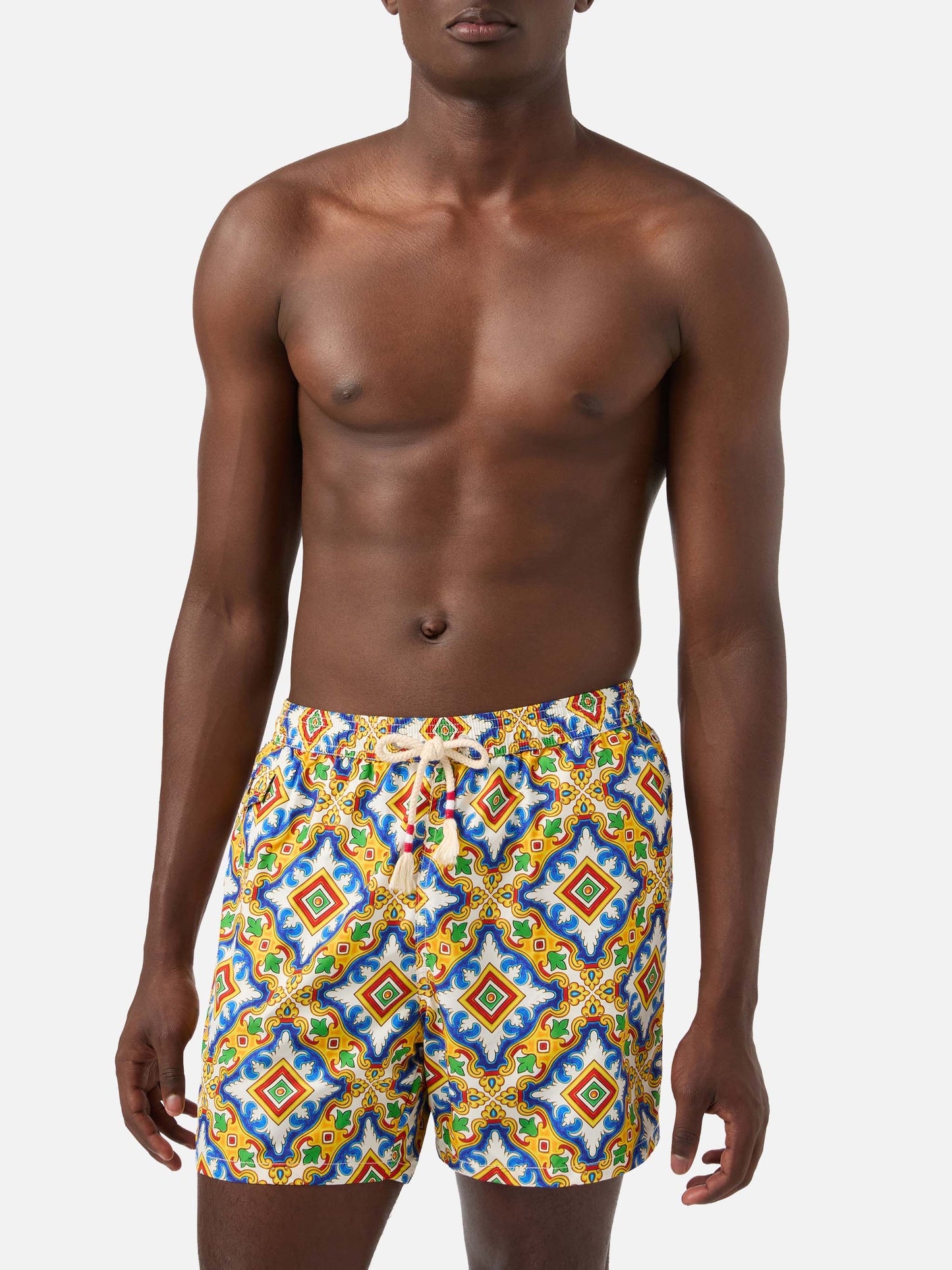 Lighting white multicolor majolica print technical fabric swim shorts