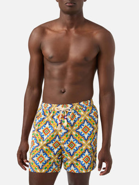 Lighting white multicolor majolica print technical fabric swim shorts