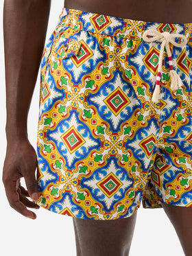 Lighting white multicolor majolica print technical fabric swim shorts