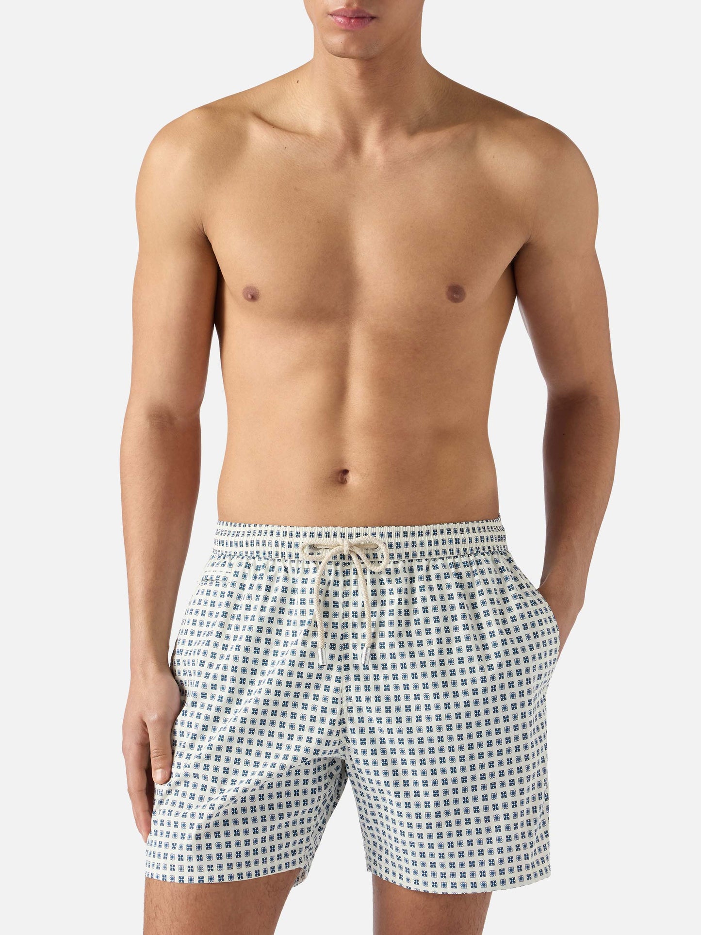 Lighting Micro white swim shorts with all-over geometric print
