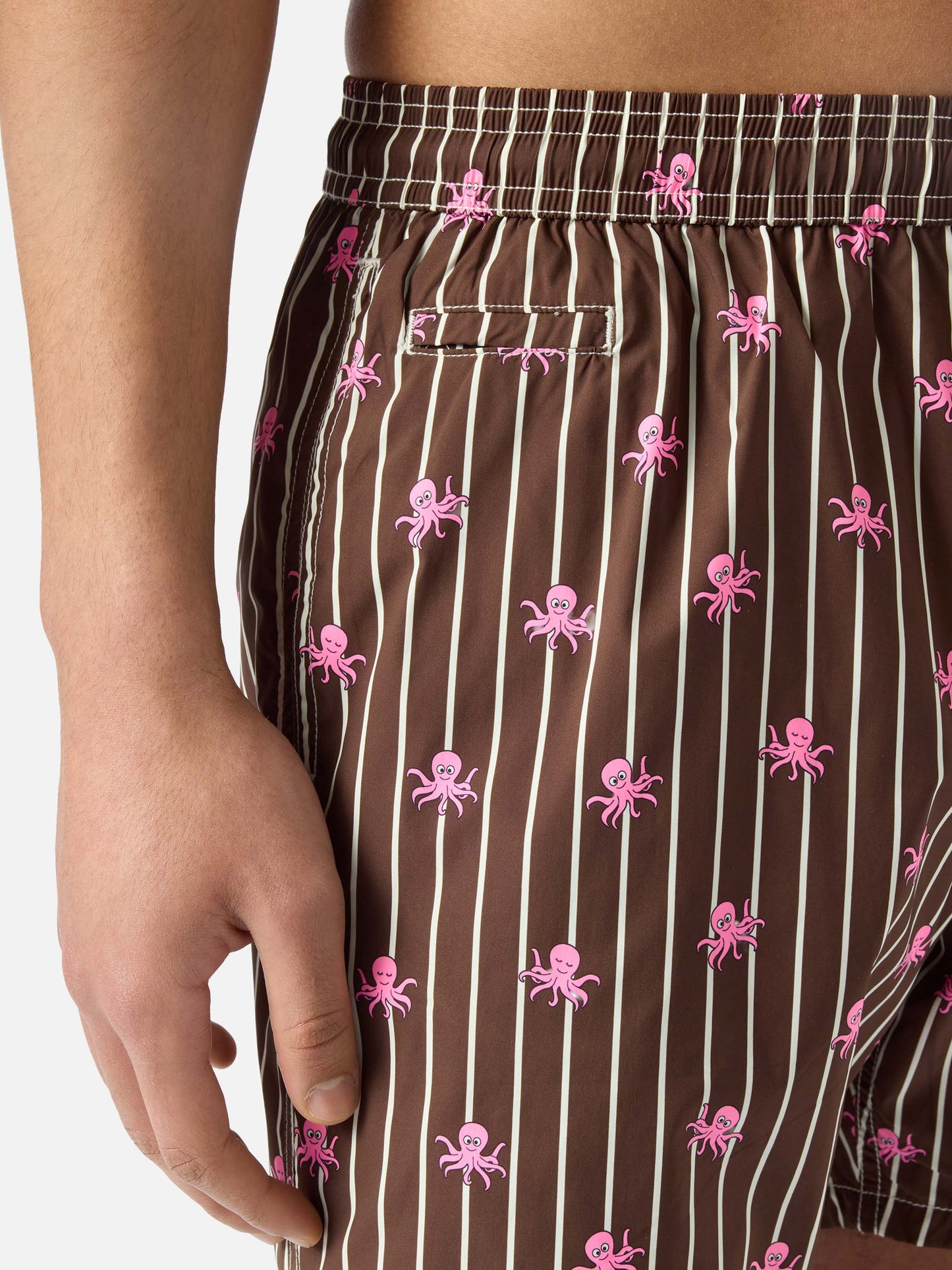 Brown striped Lighting Micro swim shorts with all-over octopus print