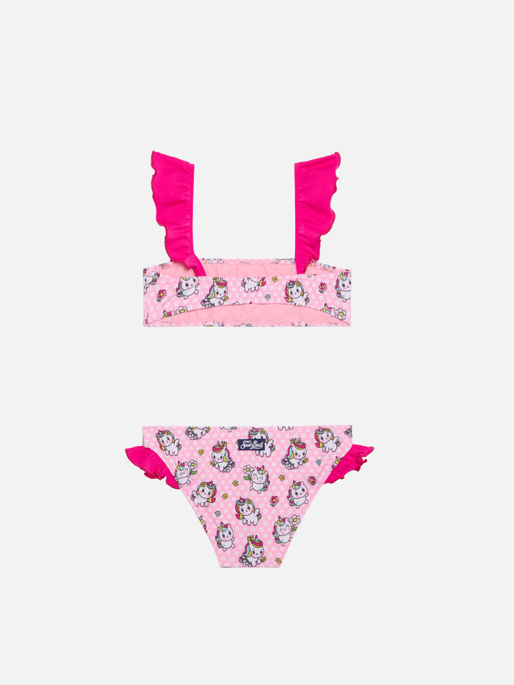 Bikini da bambina a fascia con volant e stampa unicorni