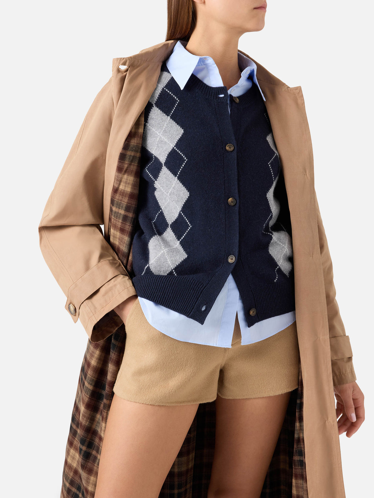 Beige Lior cotton blend waxed coat with tartan lining