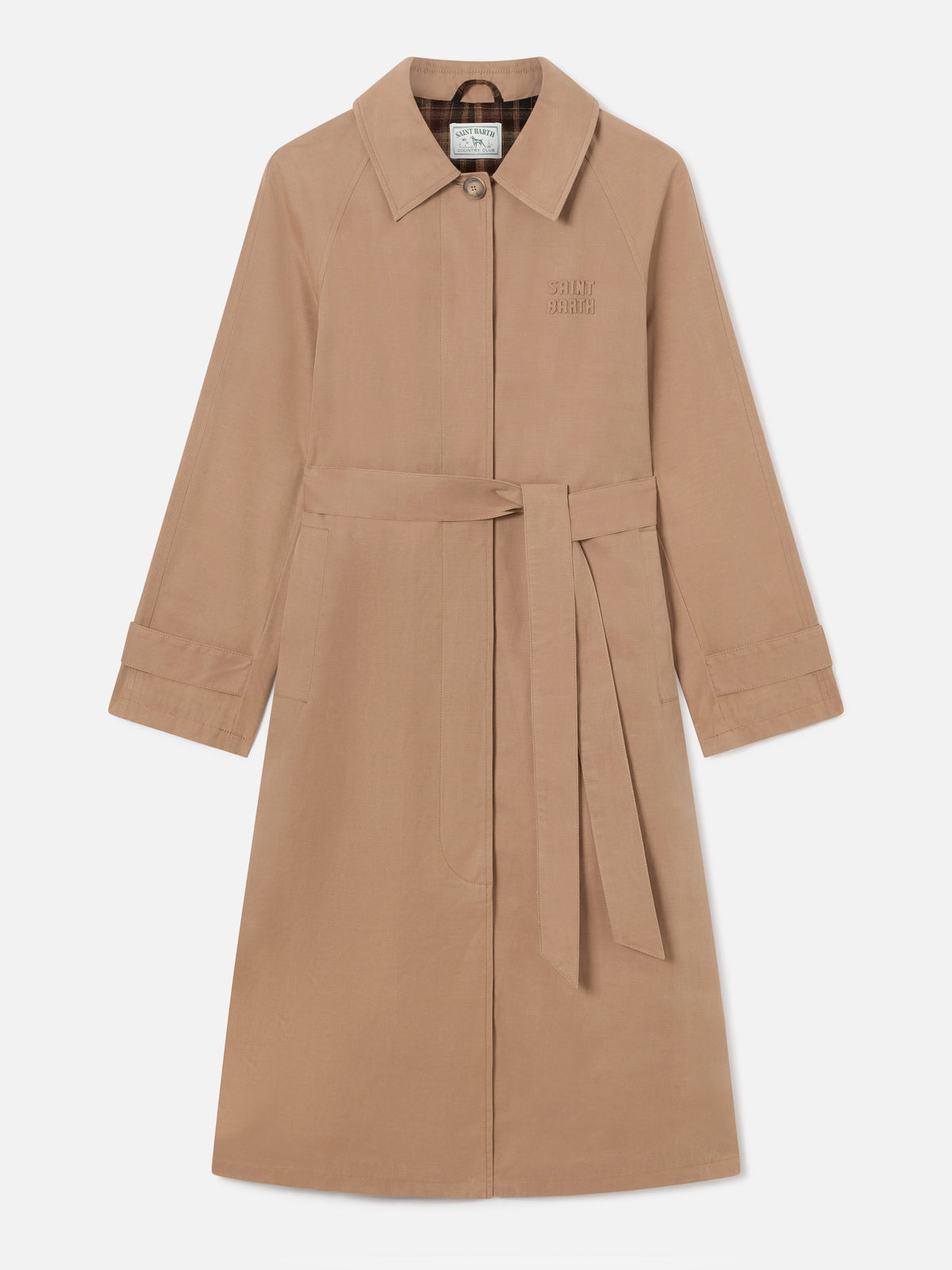 Beige Lior cotton blend waxed coat with tartan lining