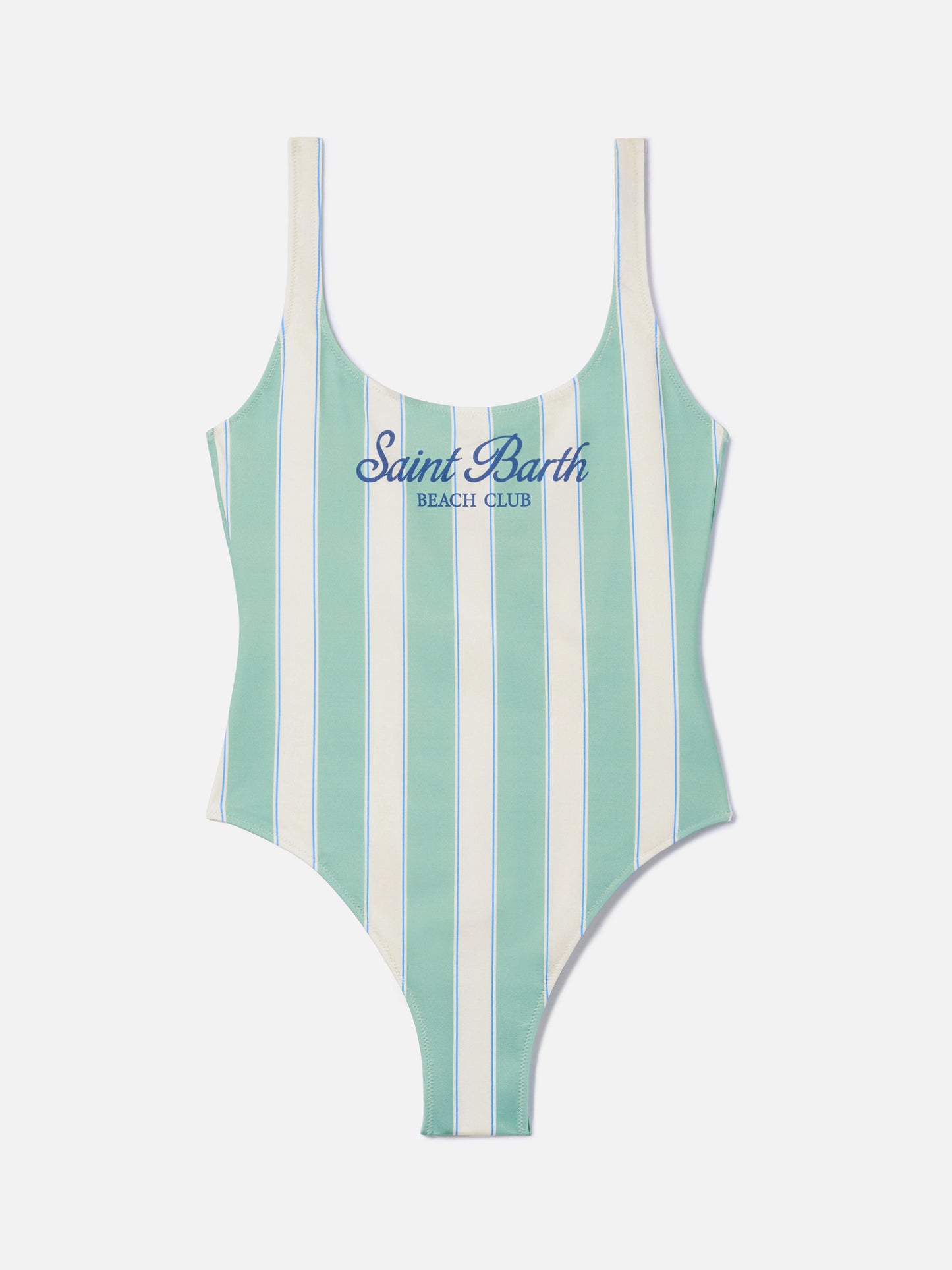 Lora one-piece swimsuit in sage green and cream striped design with Beach Club print