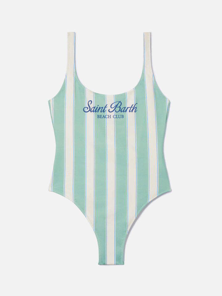 Costume intero Lora a righe verde salvia e panna con stampa Beach Club