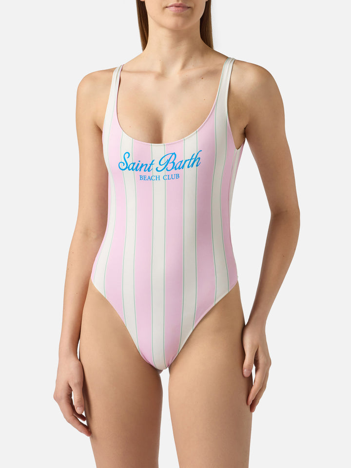 Lora one-piece swimsuit in pink and cream striped design with Beach Club print