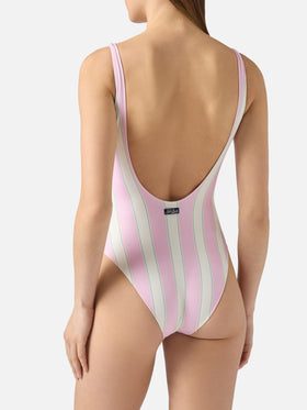Lora one-piece swimsuit in pink and cream striped design with Beach Club print
