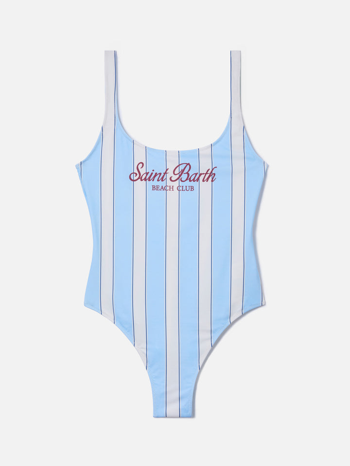 Lora one-piece swimsuit in light blue and cream striped design with Beach Club print