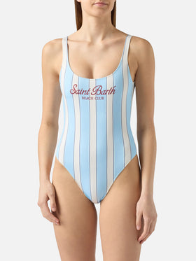 Lora one-piece swimsuit in light blue and cream striped design with Beach Club print