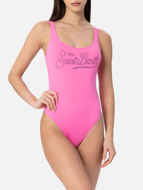 Woman scoopback one piece swimsuit Lora with rhinestones