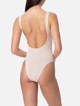 Woman beige crinkle one piece swimsuit Lora