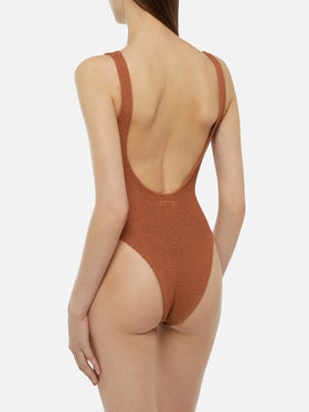 Lora camel brown crinkle one-piece swimsuit