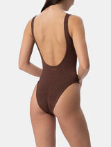 Woman brown crinkle one piece swimsuit Lora