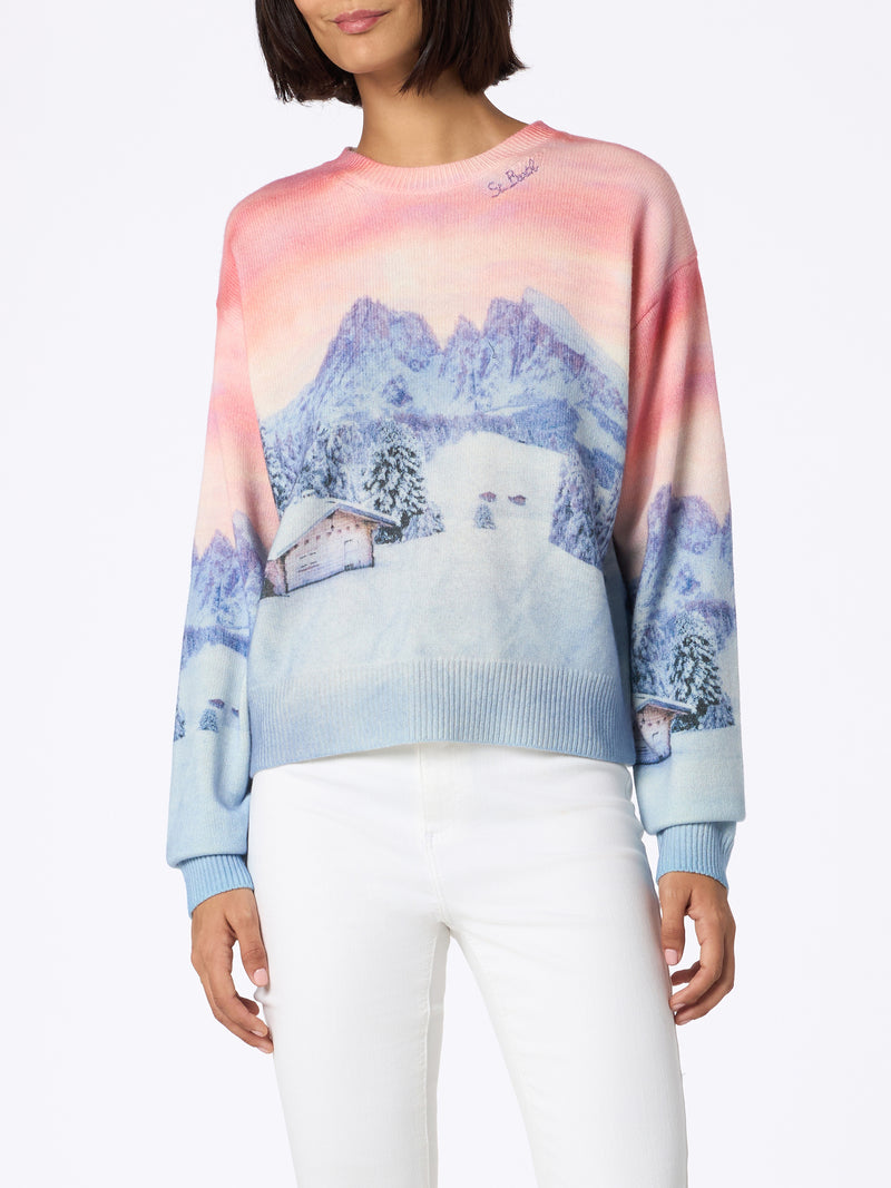 Woman cashmere blend sweater Louise with chalet sunset print