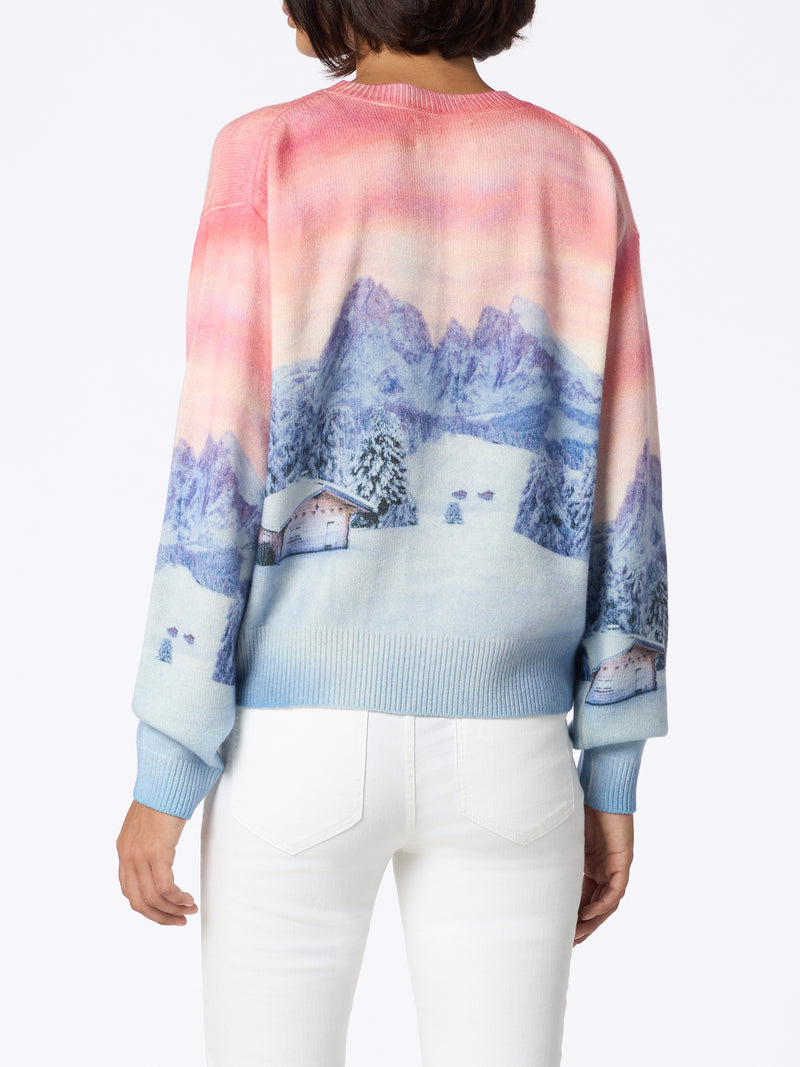 Woman cashmere blend sweater Louise with chalet sunset print